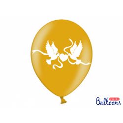 Zlatý metalický balón - biele holubice