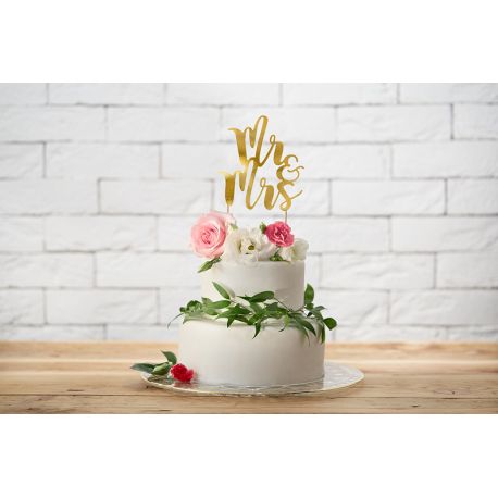 Nápis na tortu Mr & Mrs - Cake topper -zlatý